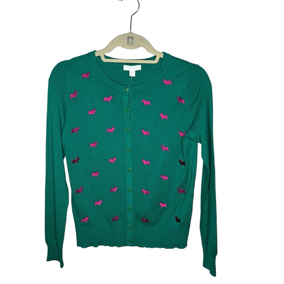 Women's XS Button Up Cardigan Sweater Scotty Dog Green Cotton Lightweight Preppy - Picture 13 of 13